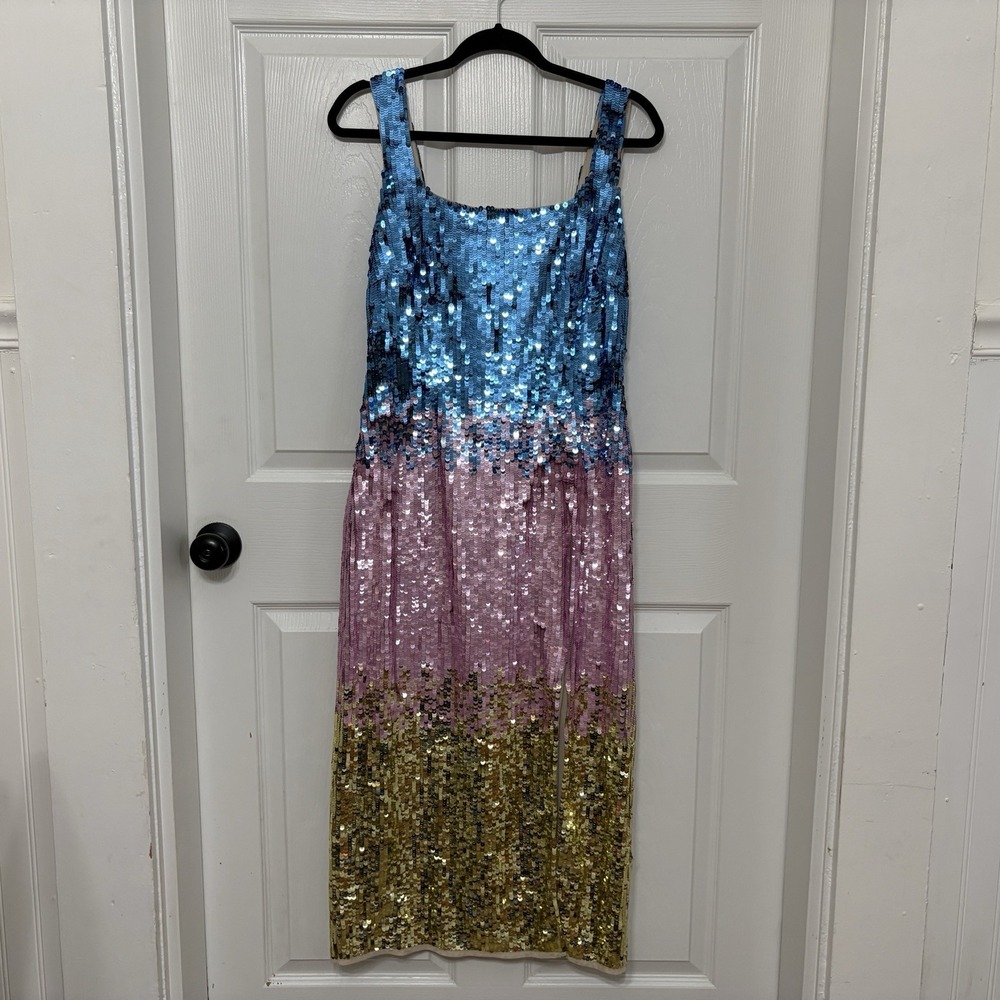 River Island Ombre Sequin Midi Dress 12 Blue Pink Yellow Glitz Glam Night Out
